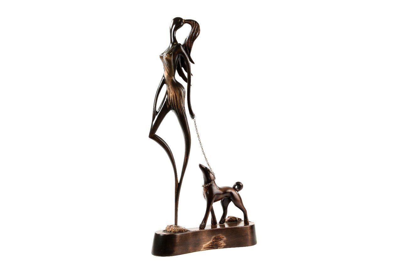 Hand Made Wooden Souvenir Girl Walking Dog 21&quot; x 12&quot; x 4&quot;