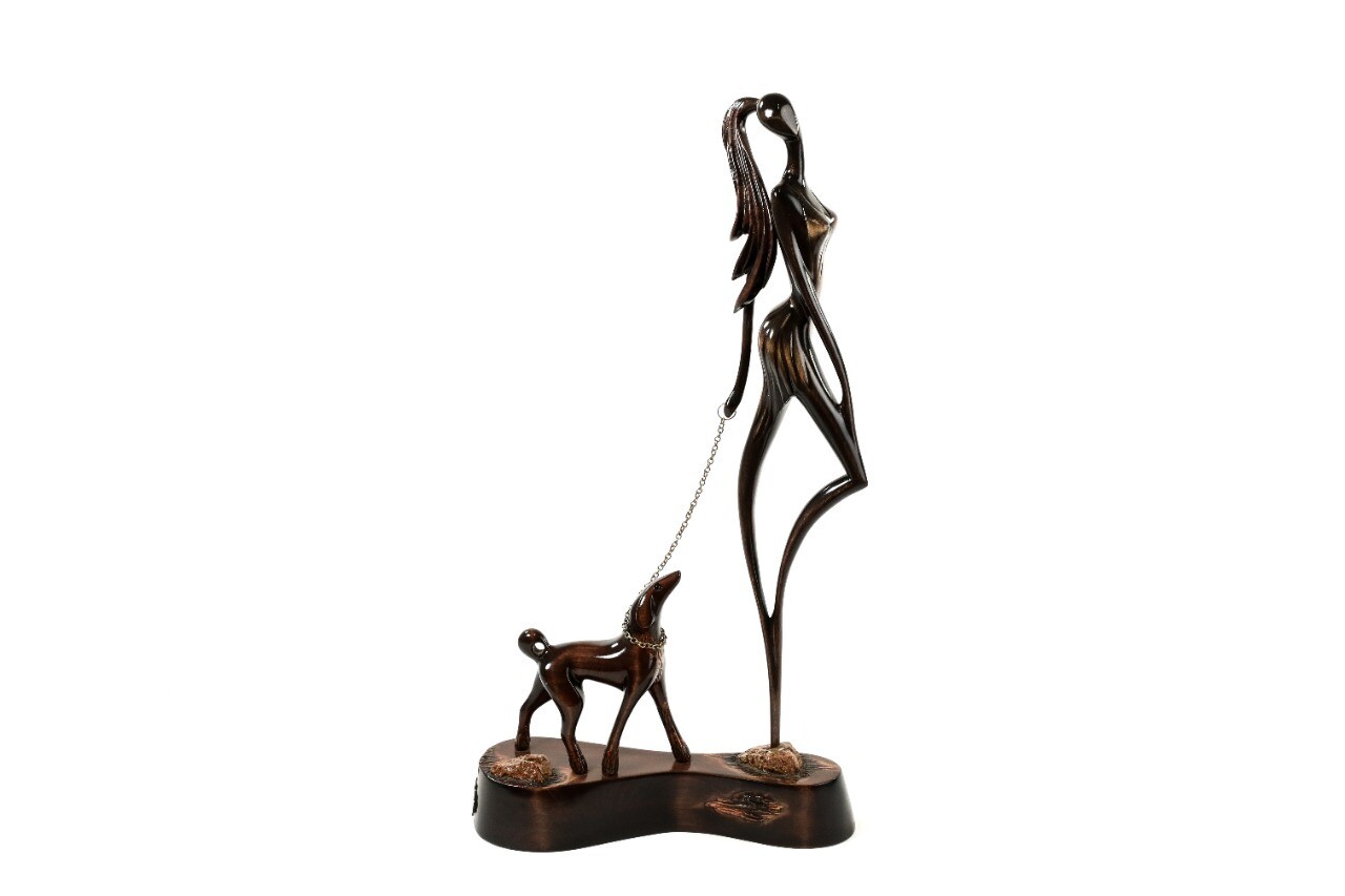Hand Made Wooden Souvenir Girl Walking Dog 21&quot; x 12&quot; x 4&quot;