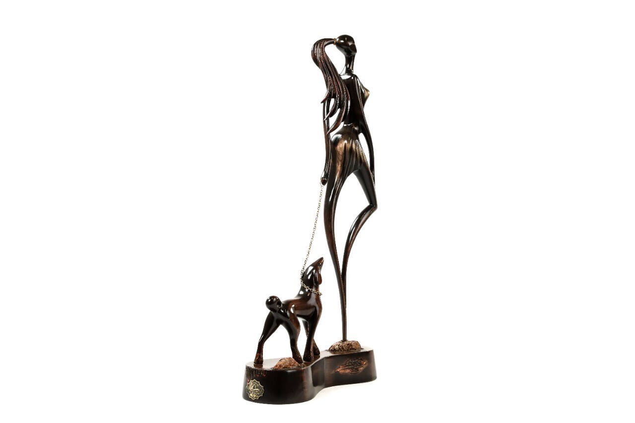 Hand Made Wooden Souvenir Girl Walking Dog 21&quot; x 12&quot; x 4&quot;
