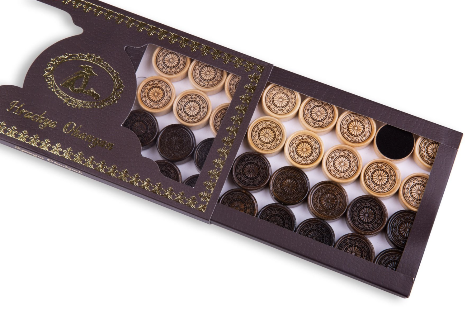 Backgammon pieces with an ornamental pattern