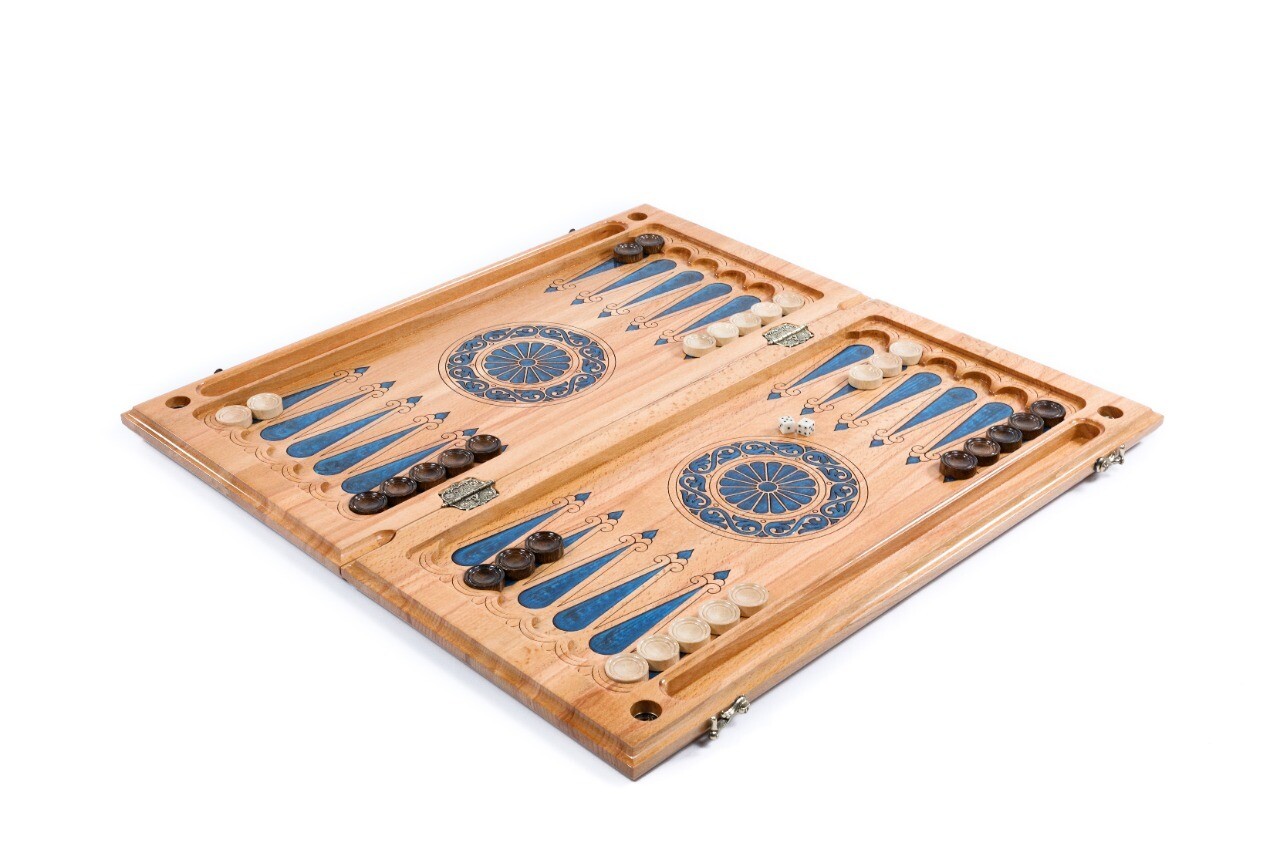 Backgammon with tree branch slices and epoxy two-sided classic blue 24&quot; x12&quot;