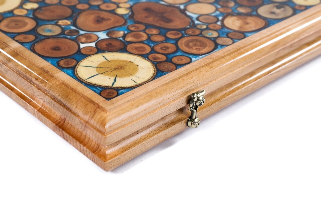 Backgammon with tree branch slices and epoxy two-sided classic blue 24&quot; x12&quot;