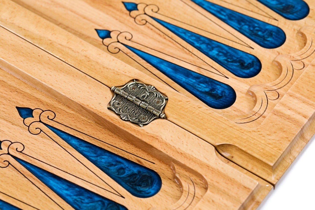 Backgammon with tree branch slices and epoxy two-sided classic blue 24&quot; x12&quot;