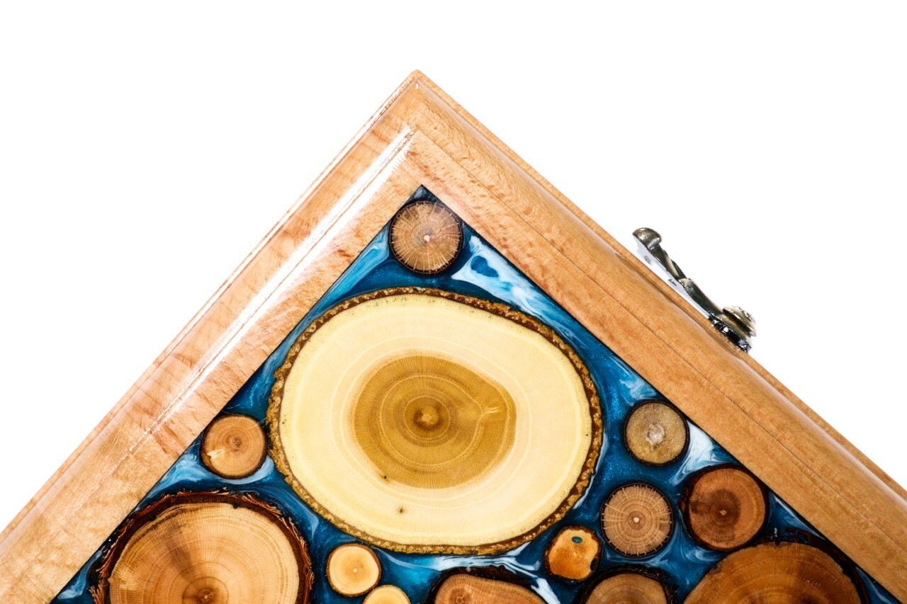 Backgammon with tree branch slices and epoxy two-sided classic blue 24&quot; x12&quot;