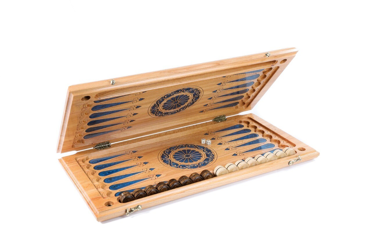 Backgammon with tree branch slices and epoxy two-sided classic blue 24&quot; x12&quot;