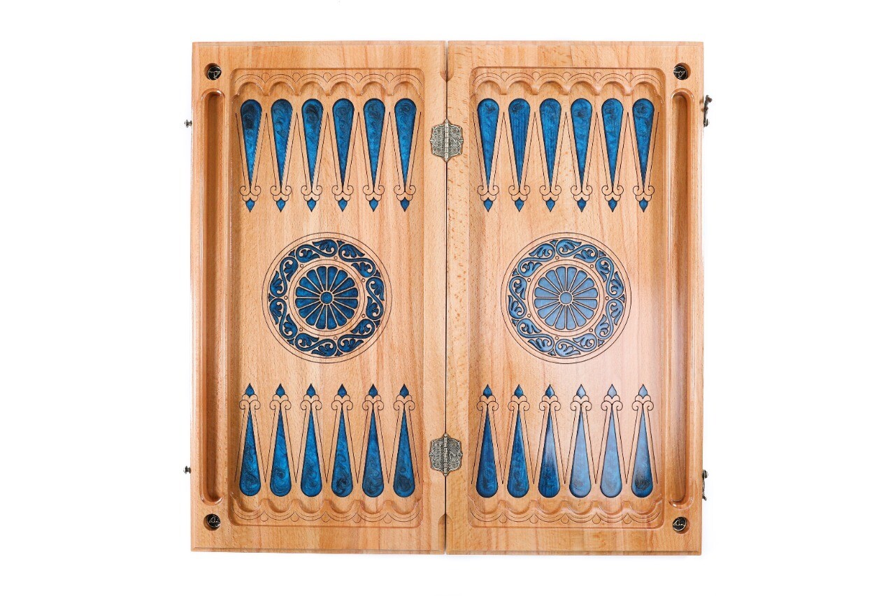 Backgammon with tree branch slices and epoxy two-sided classic blue 24&quot; x12&quot;