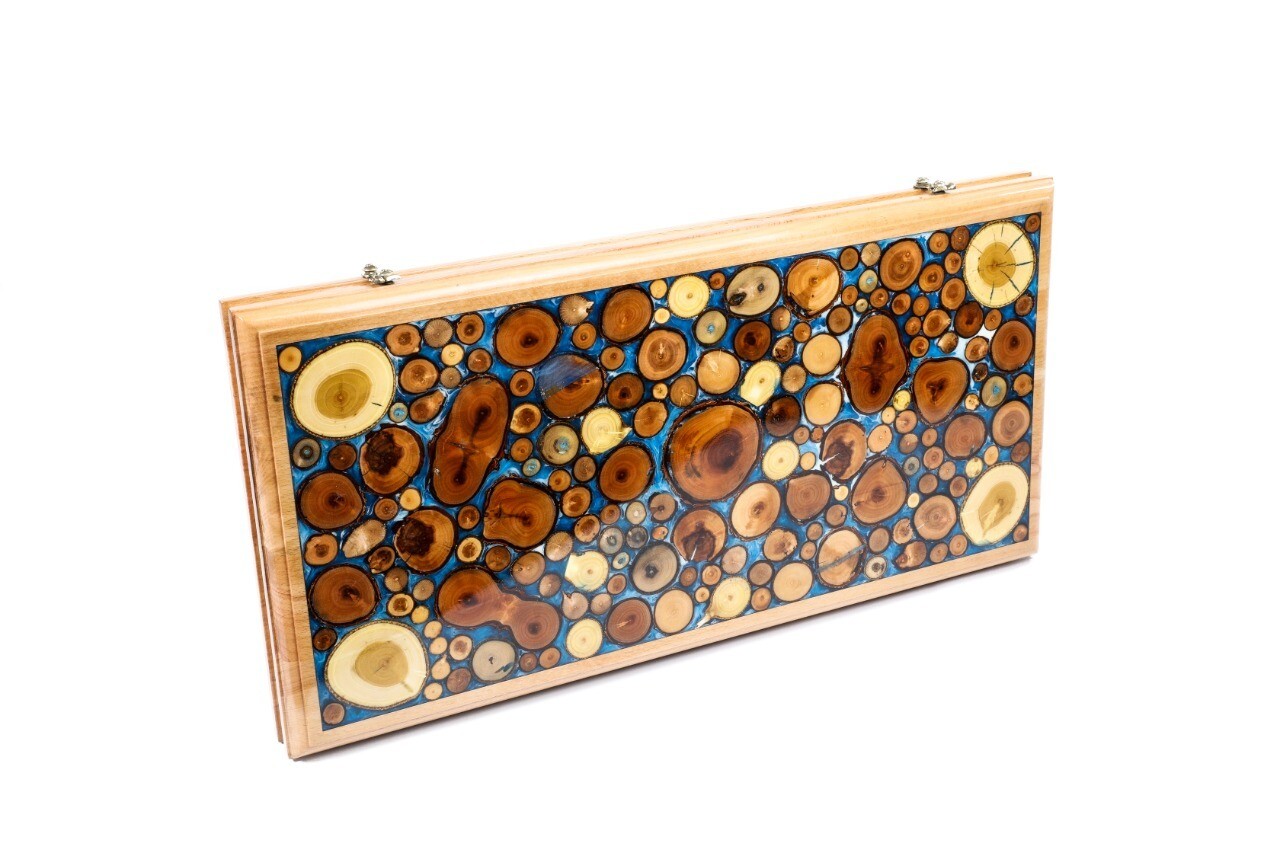Backgammon with tree branch slices and epoxy two-sided classic blue 24&quot; x12&quot;