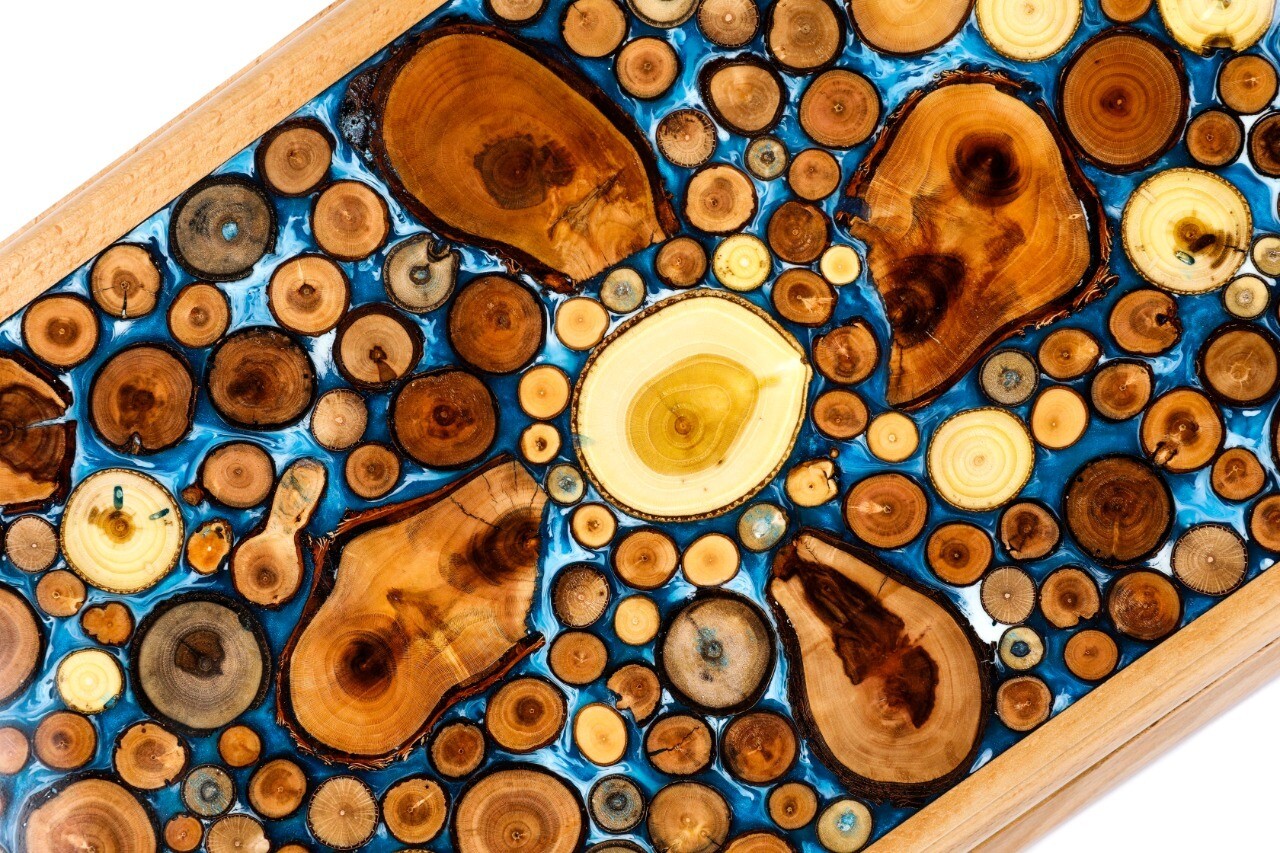 Backgammon with tree branch slices and epoxy two-sided classic blue 24&quot; x12&quot;