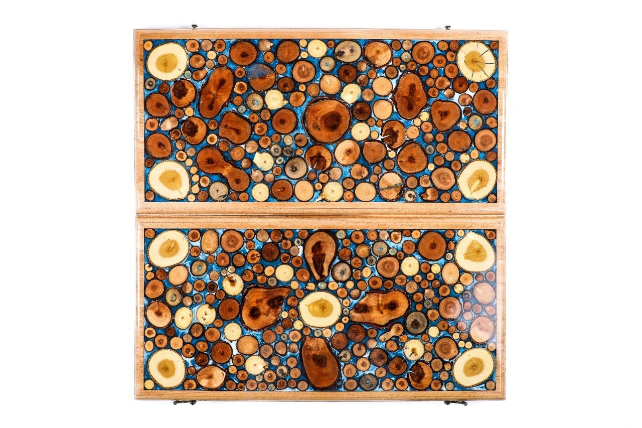 Backgammon with tree branch slices and epoxy two-sided classic blue 24&quot; x12&quot;