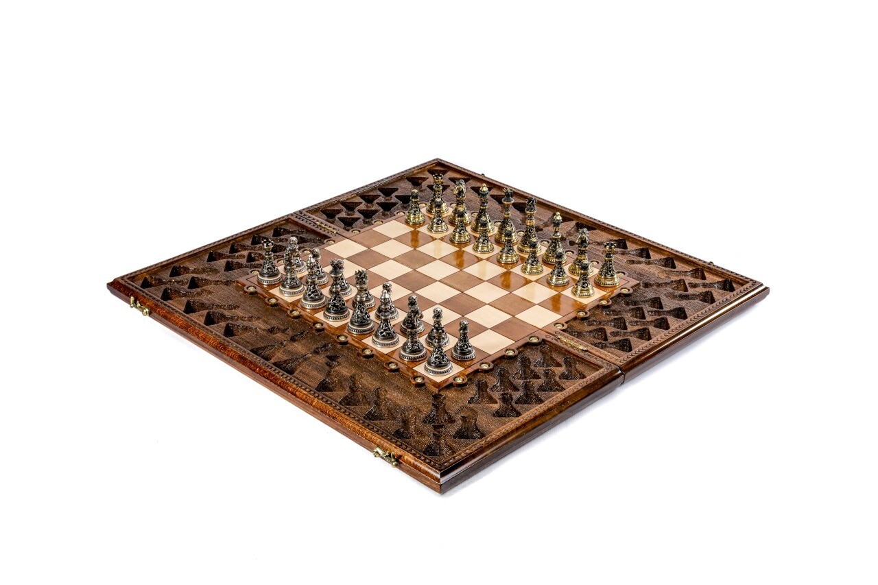 Chess Board With Brass Chess Figures