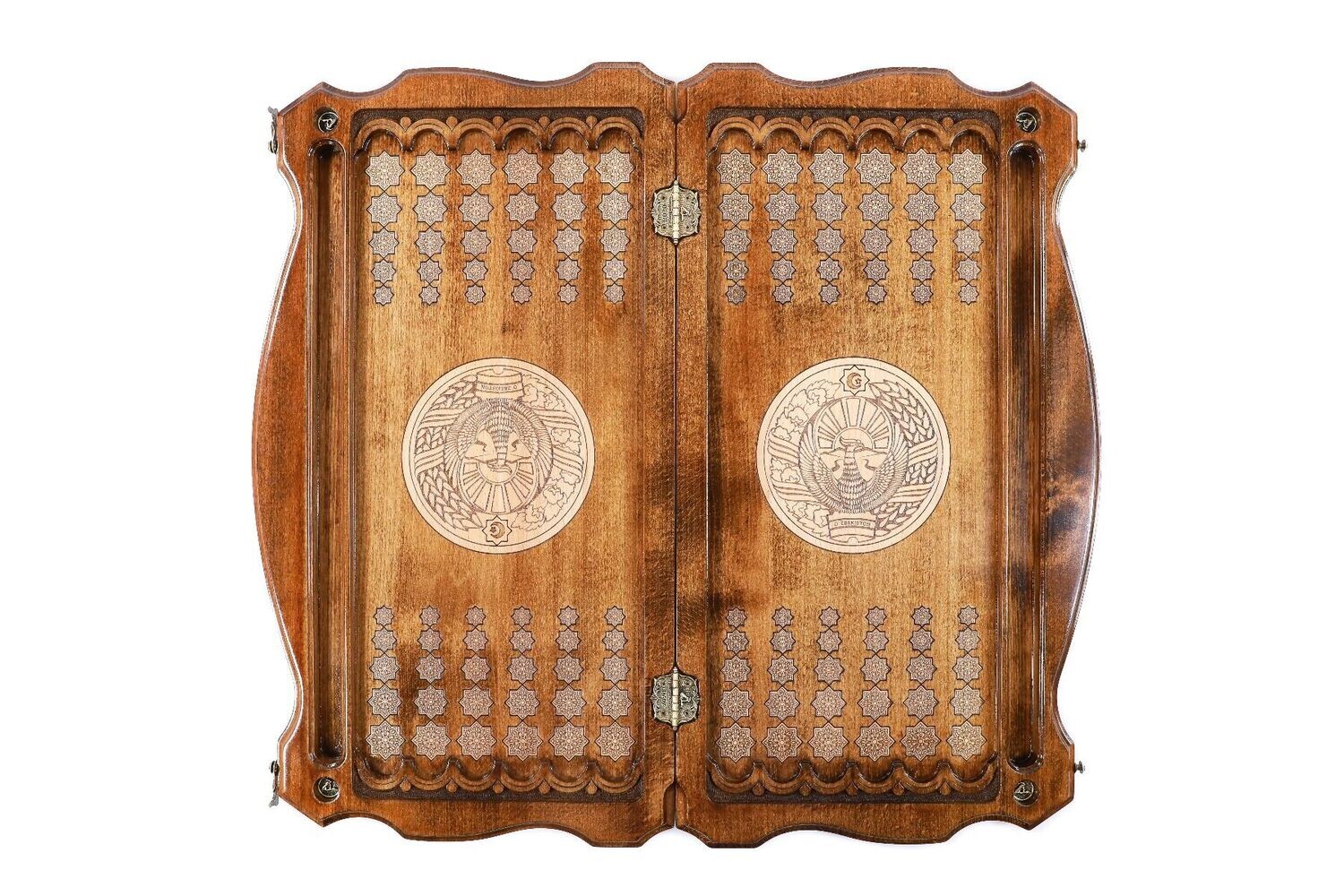 Coat of Arms of Uzbekistan backgammon with copyrighted contour outline two-sided