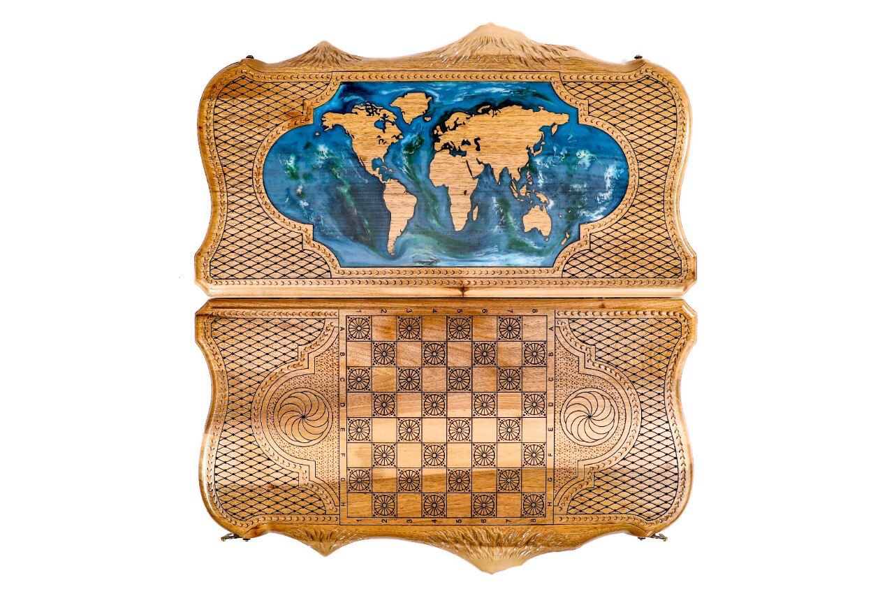 World map backgammon with copyrighted Mount Ararat outline 24&quot;x12&quot;x2&quot;