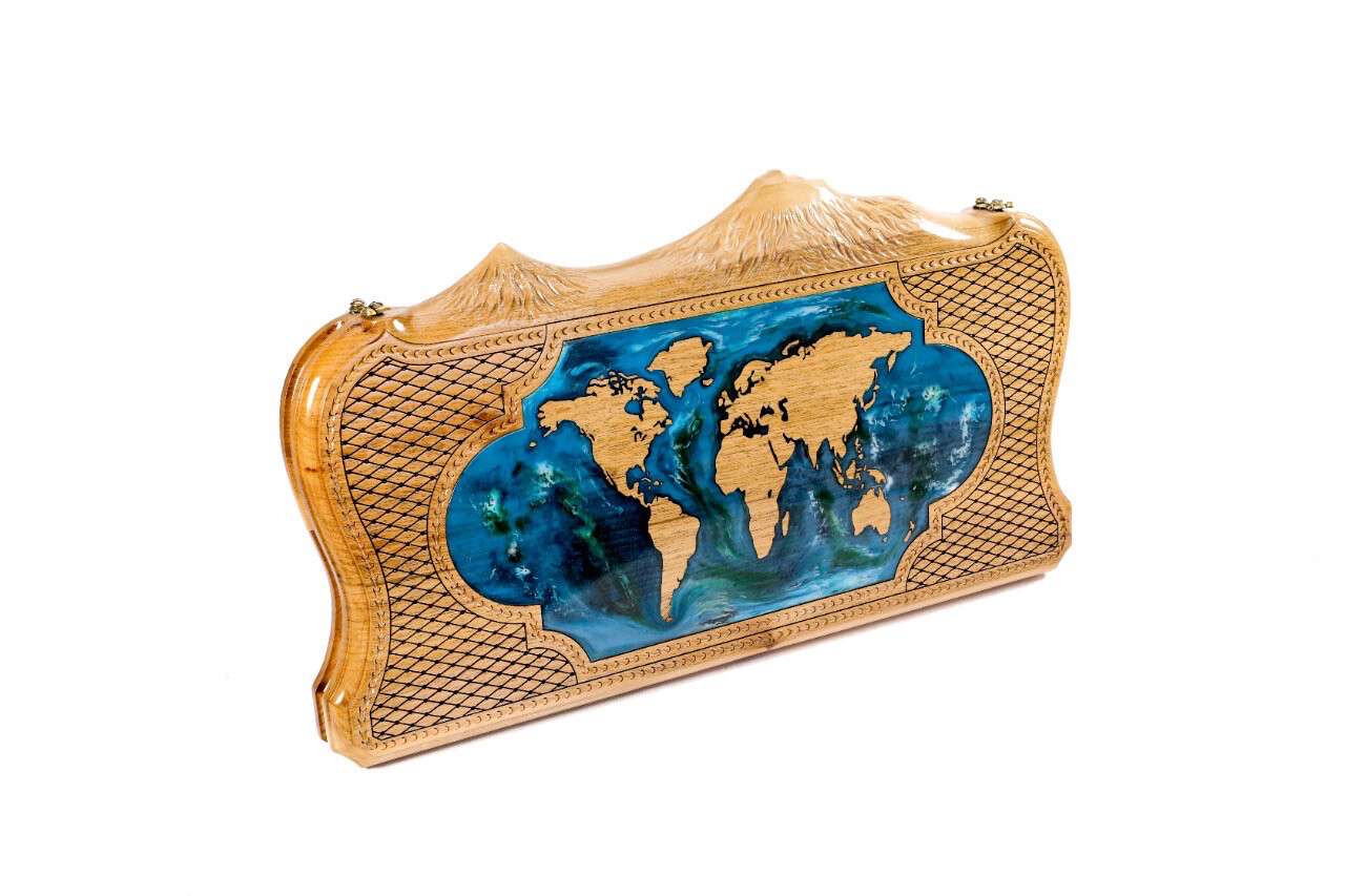 World map backgammon with copyrighted Mount Ararat outline 24&quot;x12&quot;x2&quot;