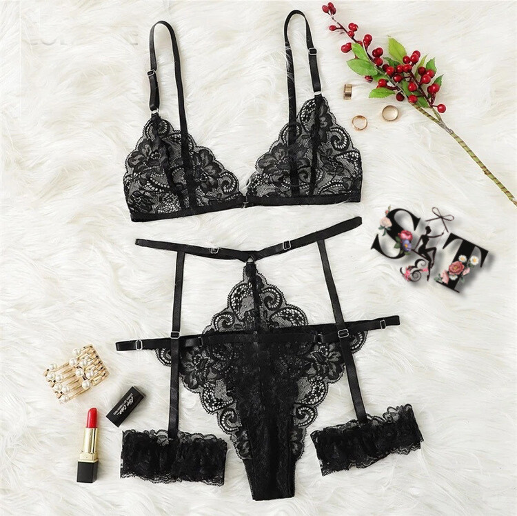 Black Floral Garter Lace Lingerie Set