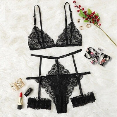 Black Floral Garter Lace Lingerie Set