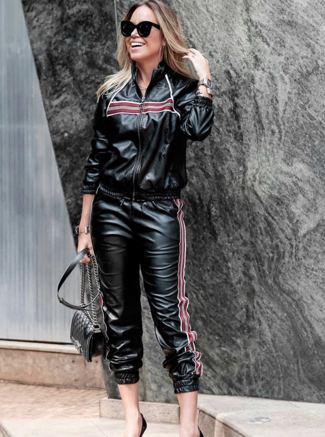 Side Stripe Leather Jogger Pants