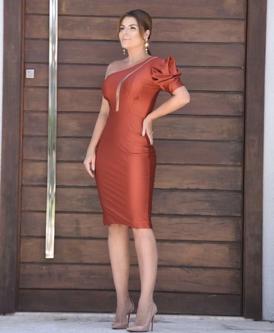 Midi Dress Single Sleeve Detail Tulle Draped