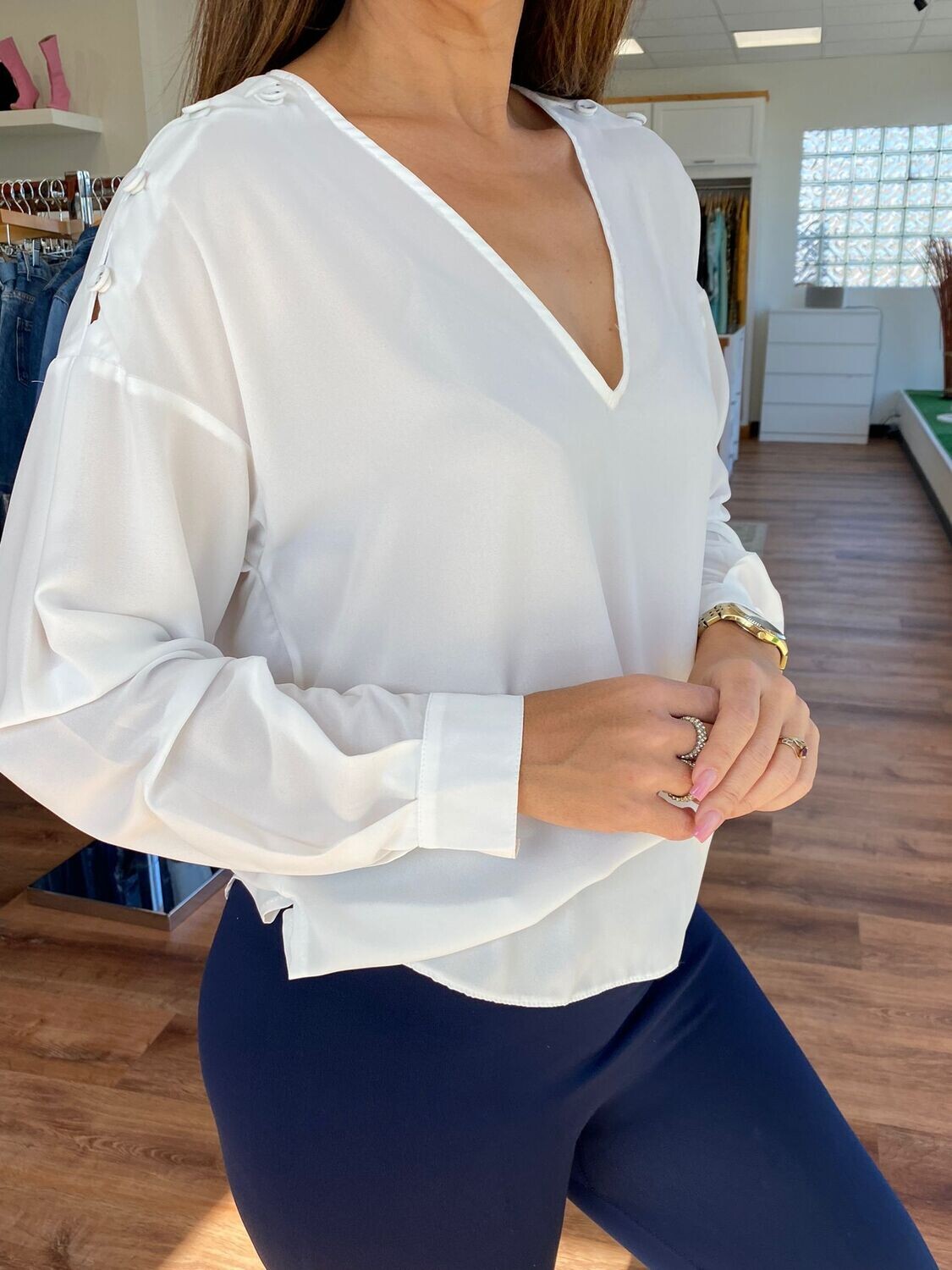 Shoulder Buttons Cuff Blouse