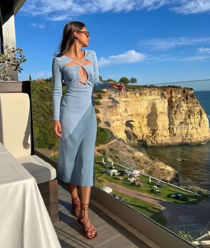 Midi Dress Ribbed Long Sleeve Front CutOut
