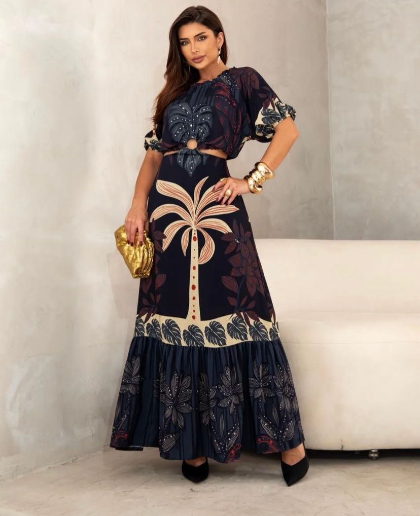 Printed Maxi Dress with Ring Sleeves