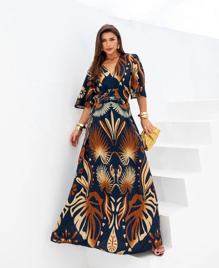 Maxi Dress 3/4 Sleeve V Neck Lastex Waist