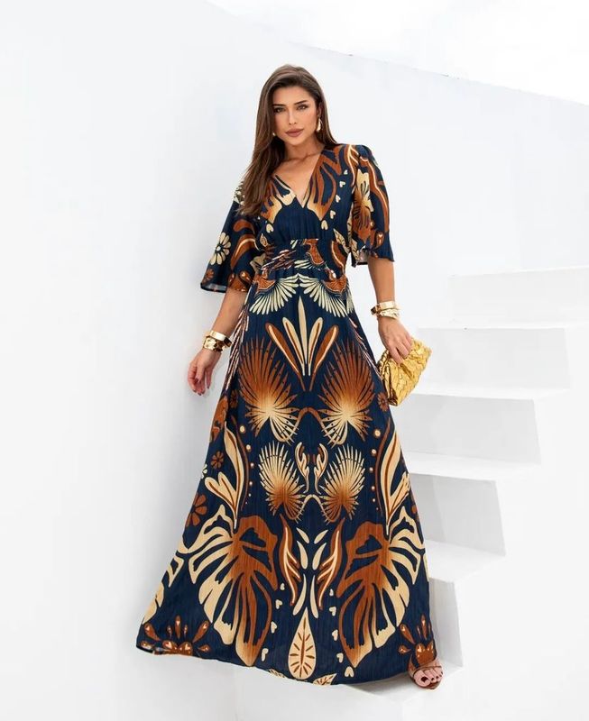 Maxi Dress 3/4 Sleeve V Neck Lastex Waist