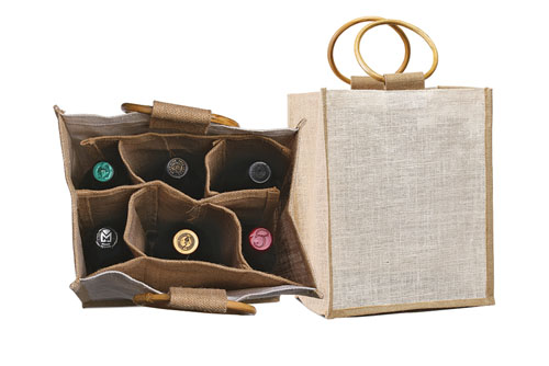 Six Bottle Jute Wine / Grocery tote With Cane handles. (Price for 50 pcs)