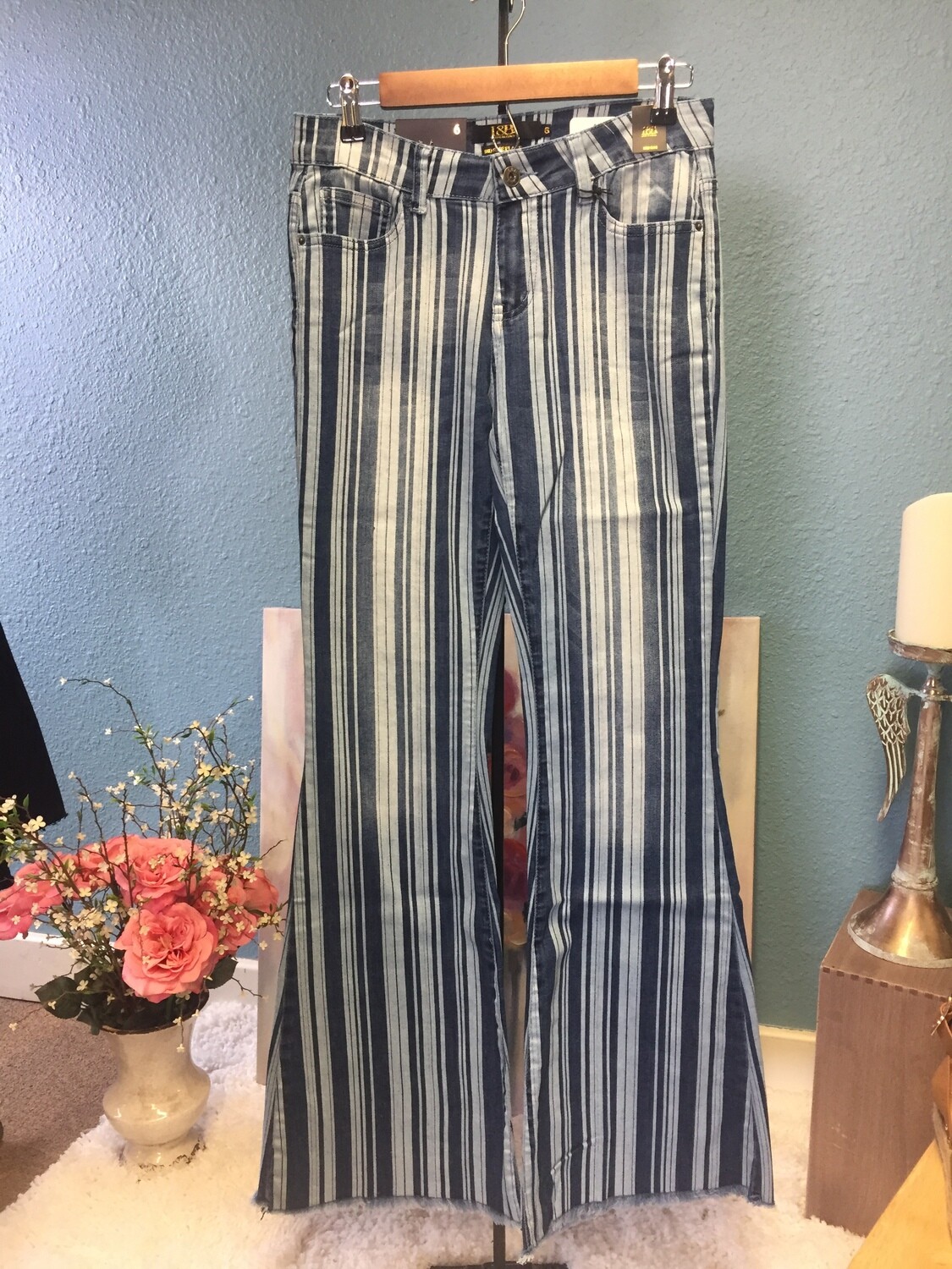 AAC-Mid-Rise Striped Flare Jeans Unfinished Hem