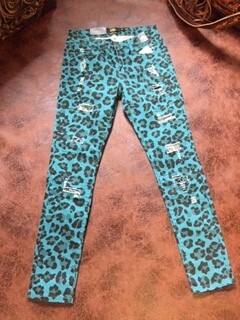 AAC-Teal Leopard Print Skinny Jeans-Silver Sequins