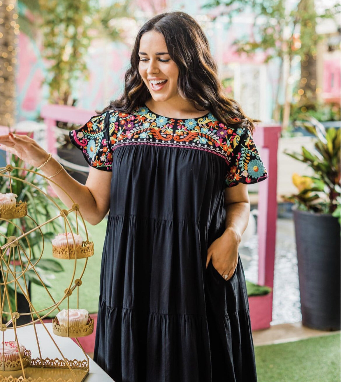 Twilly Dress With Pockets - Black with Embroidery