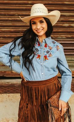 Pretty In Denim - Embroidered Button Down Blouse