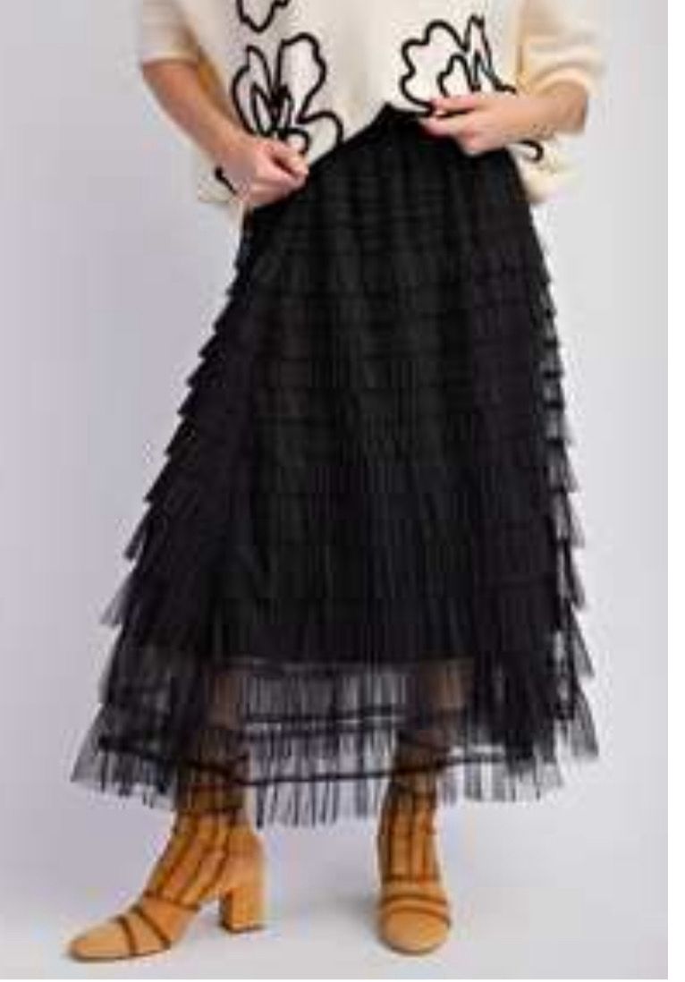 Black Mesh Ruffle Mxi Skirt