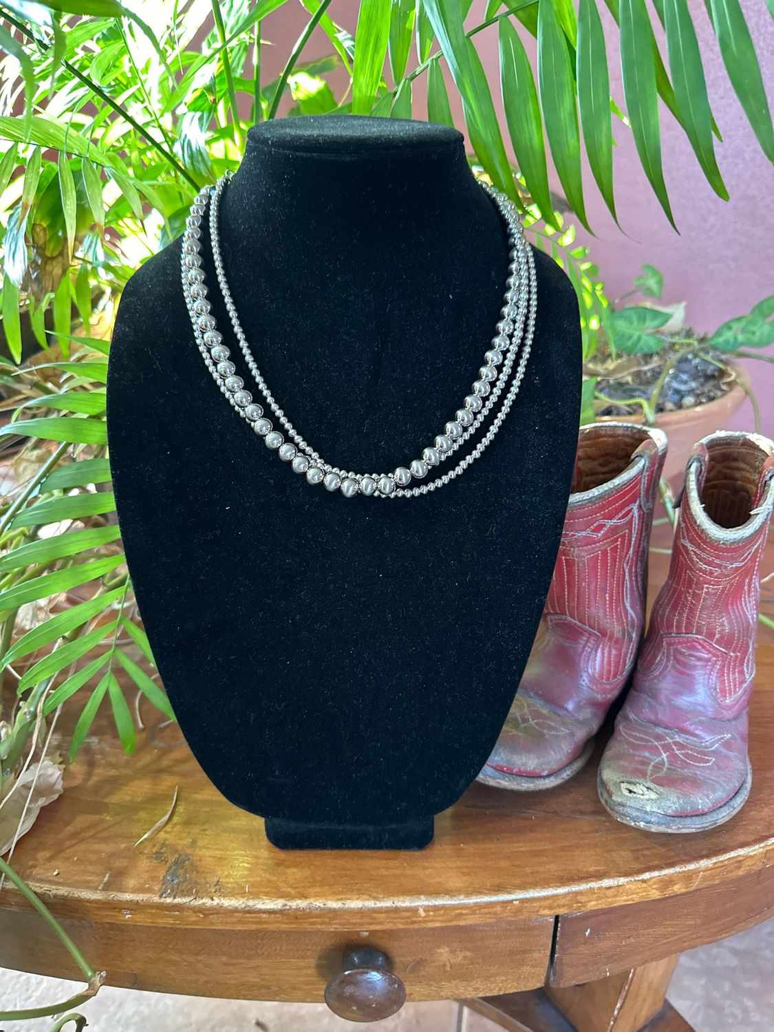 Polished Bead 3 Strand Silver Color Necklace -16&quot; 