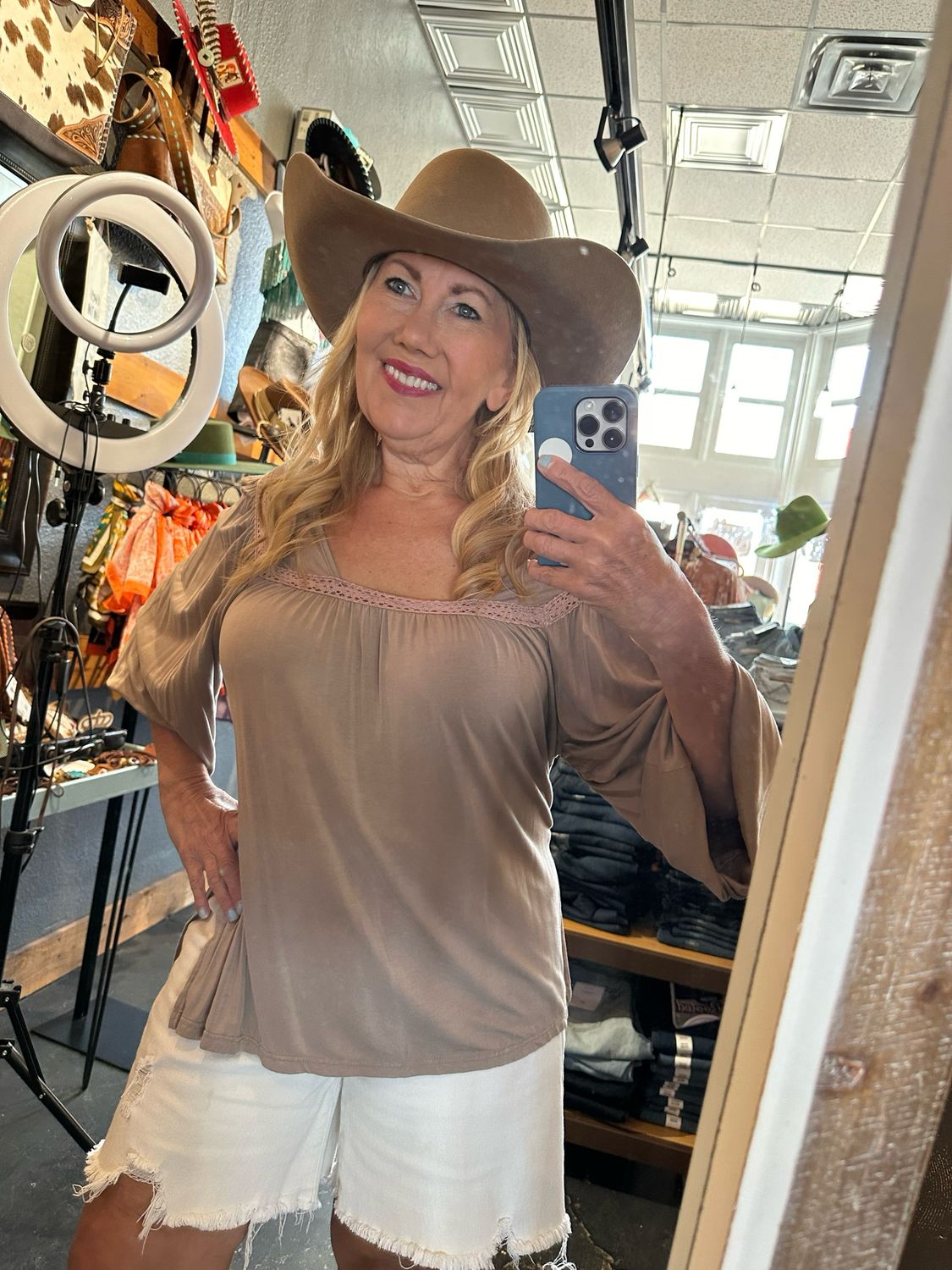 AAC - $23.99 Side Split Bell Sleeve Crochet Detail