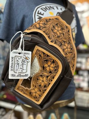 Leather Crossbody Bag Floral Tooled 