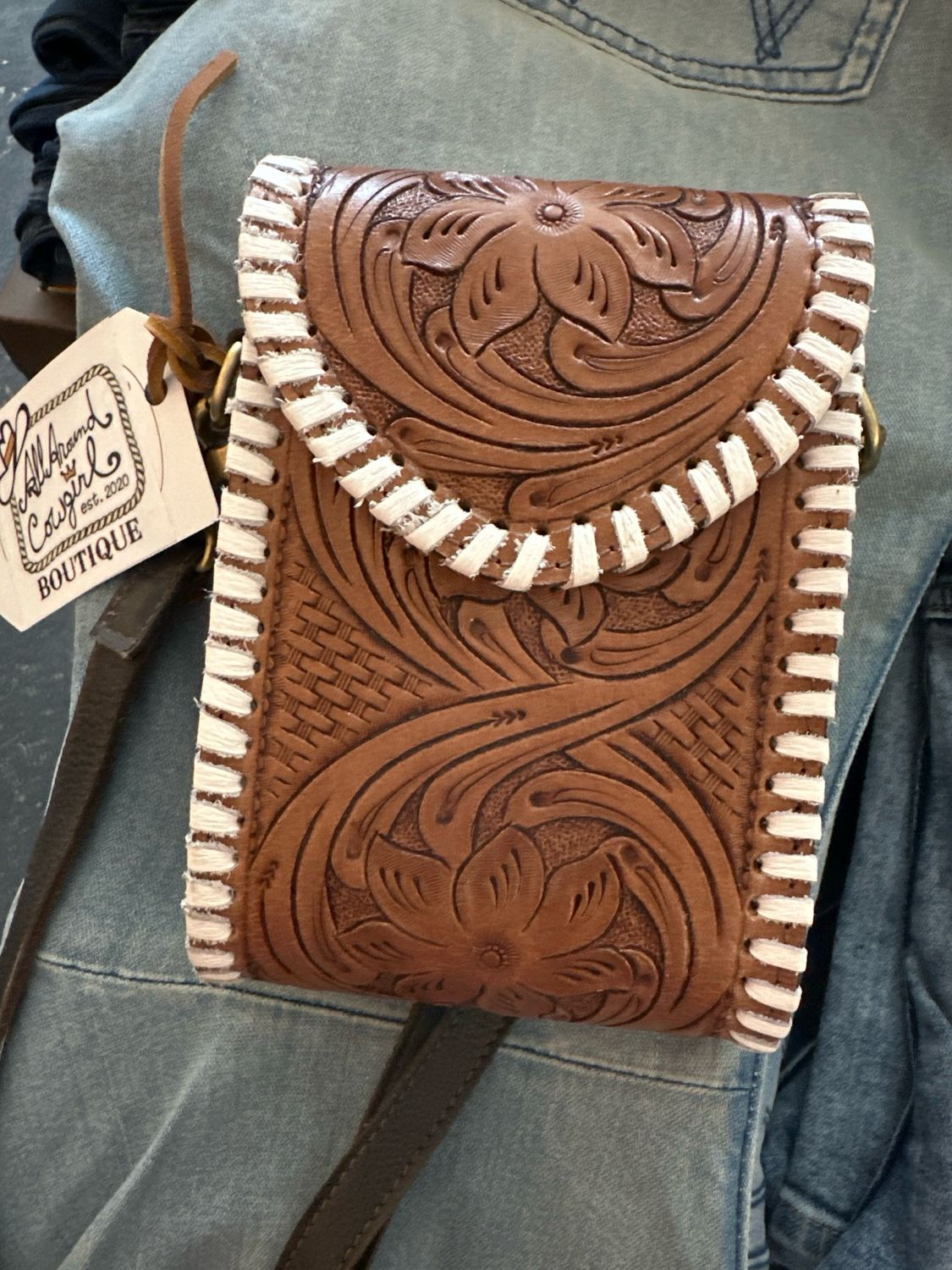 Tooled Leather  Crossbody Purse - White Lace
