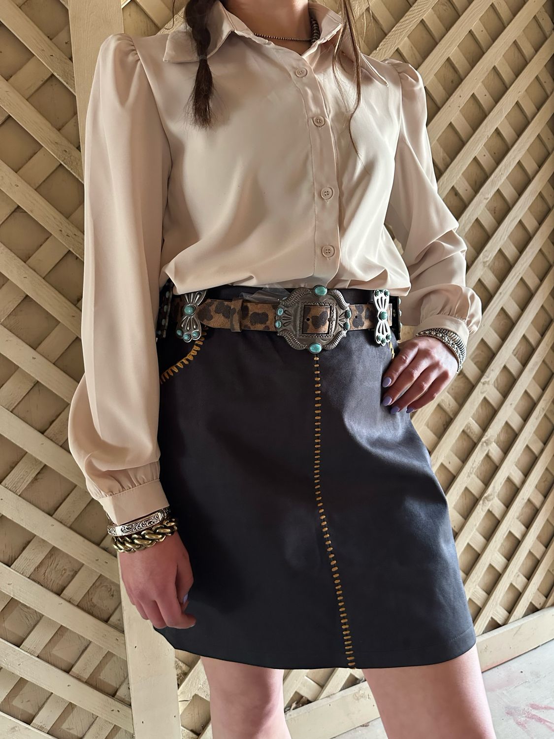 Up In Stitches - Suede Stretch Skirt