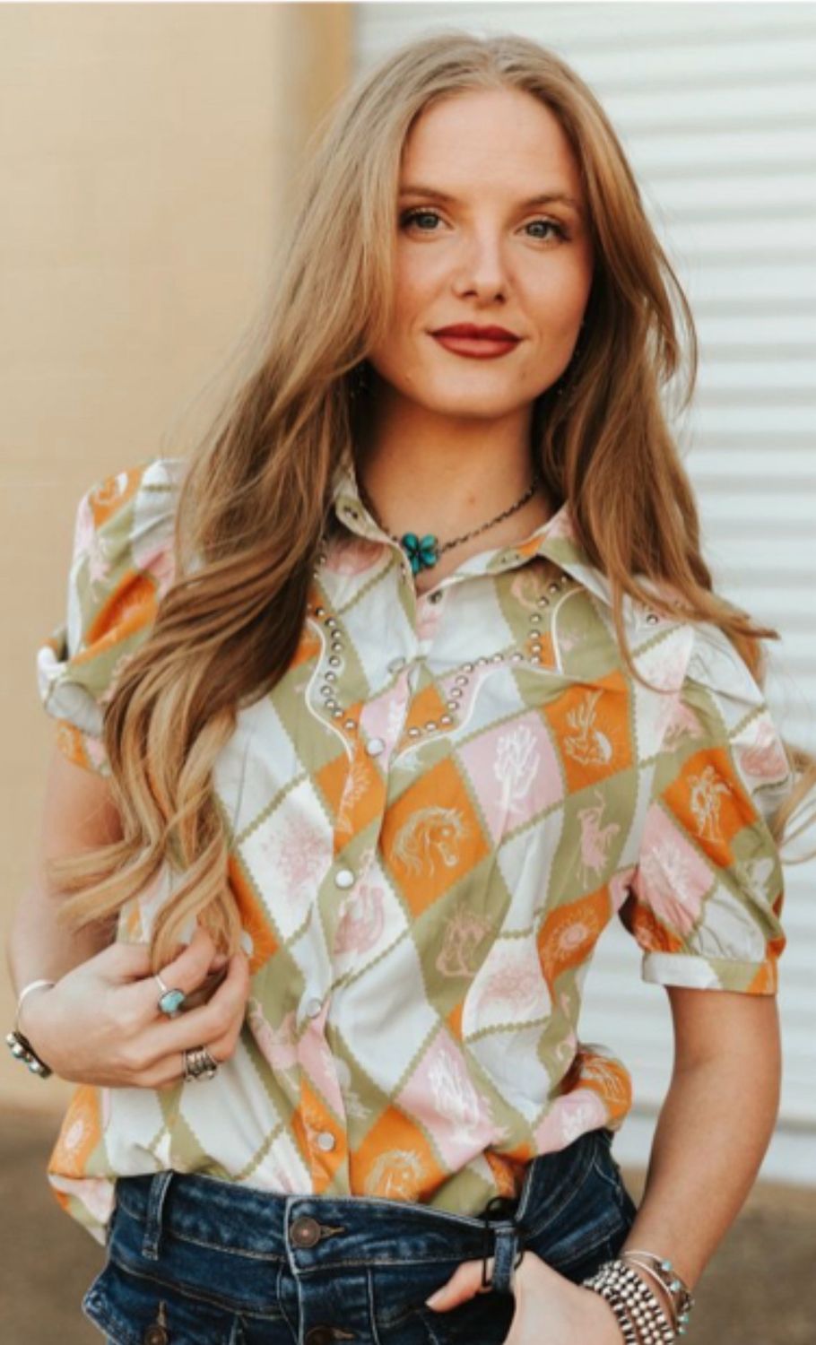 Sunshine Fun - Stud Detail Pearl Snap Blouse