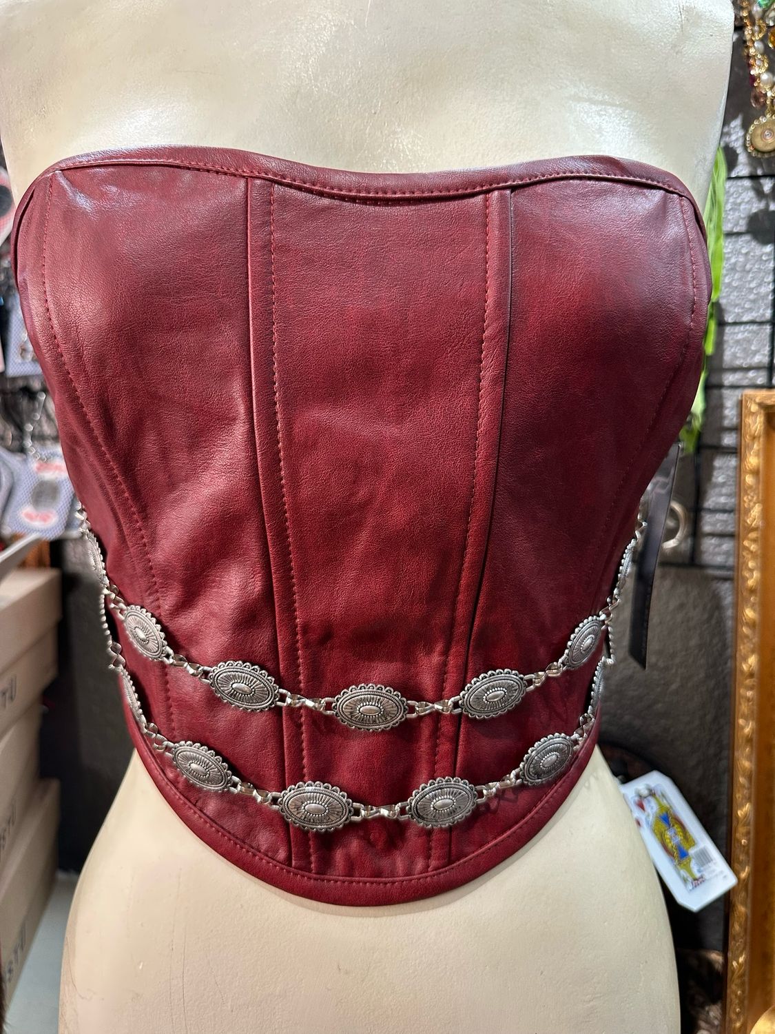 Corset With Concho Chain - Red Wine Color