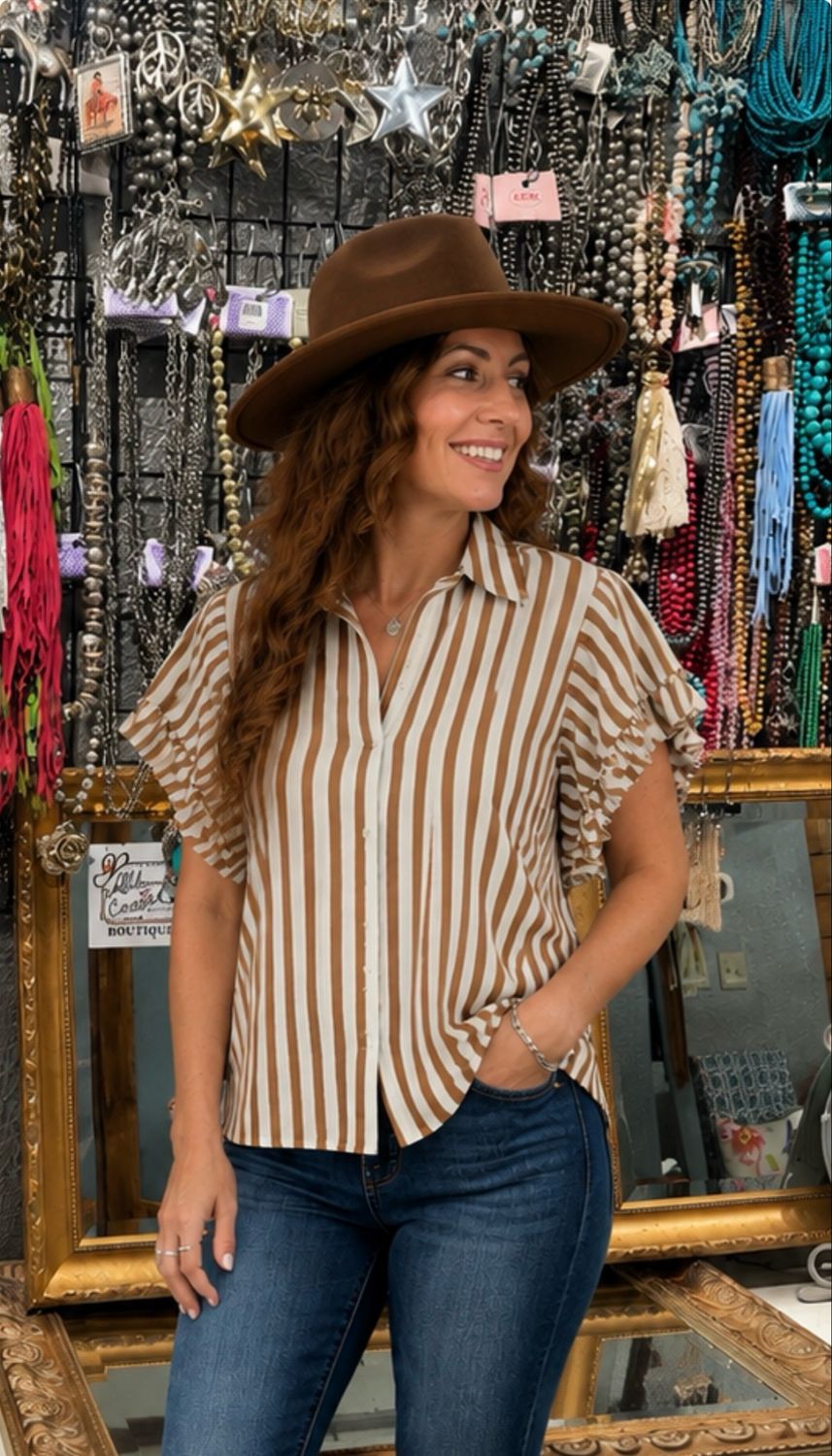 Saddle Stripe - Ruffle Sleeve Blouse