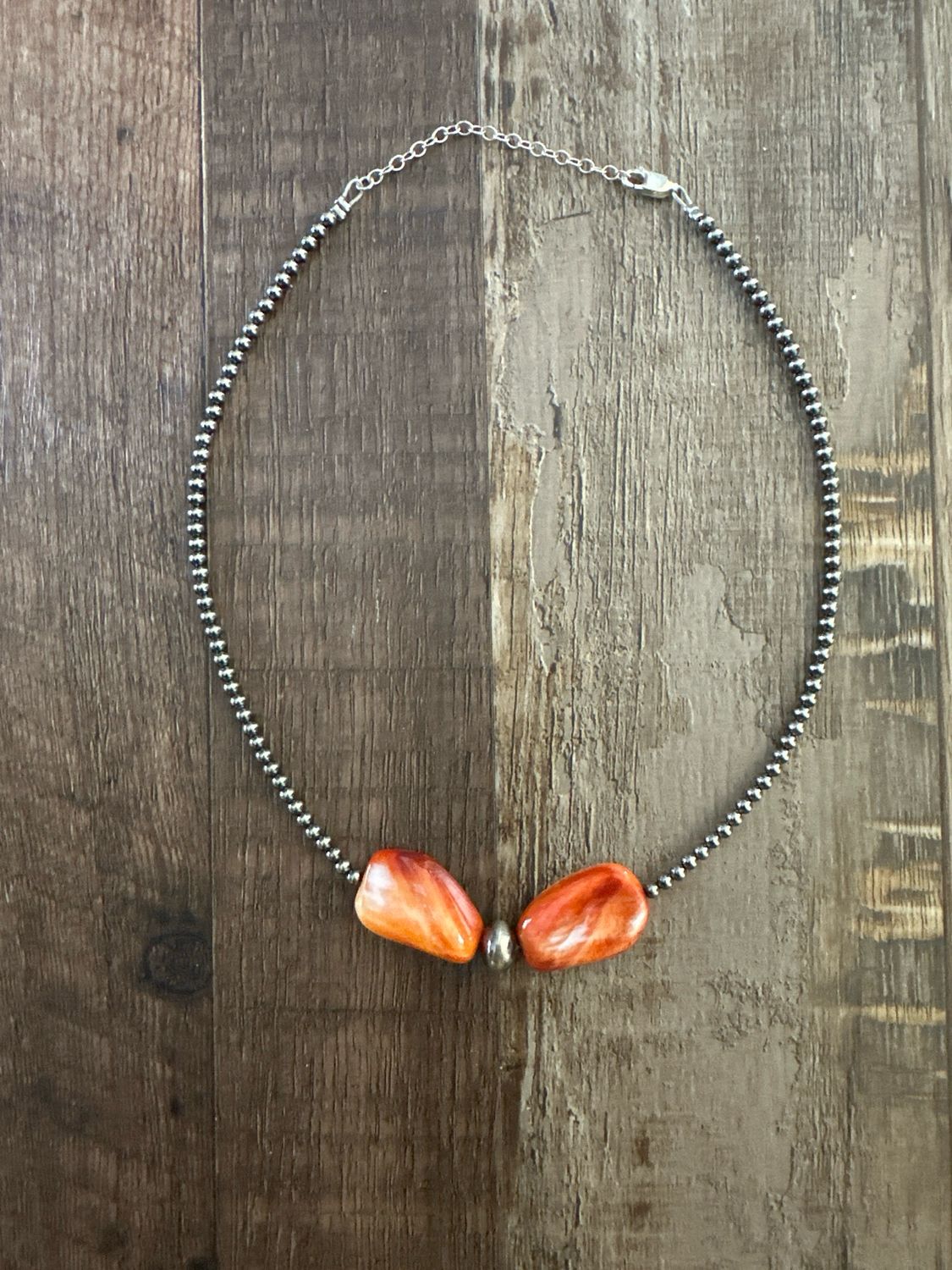 Spiny Oyster Two Stone Choker 14" Sterling Silver