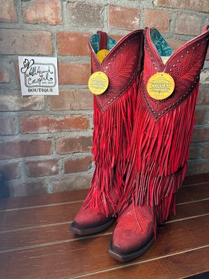 Corral Boots - Red Fringe Studs Embroidery
