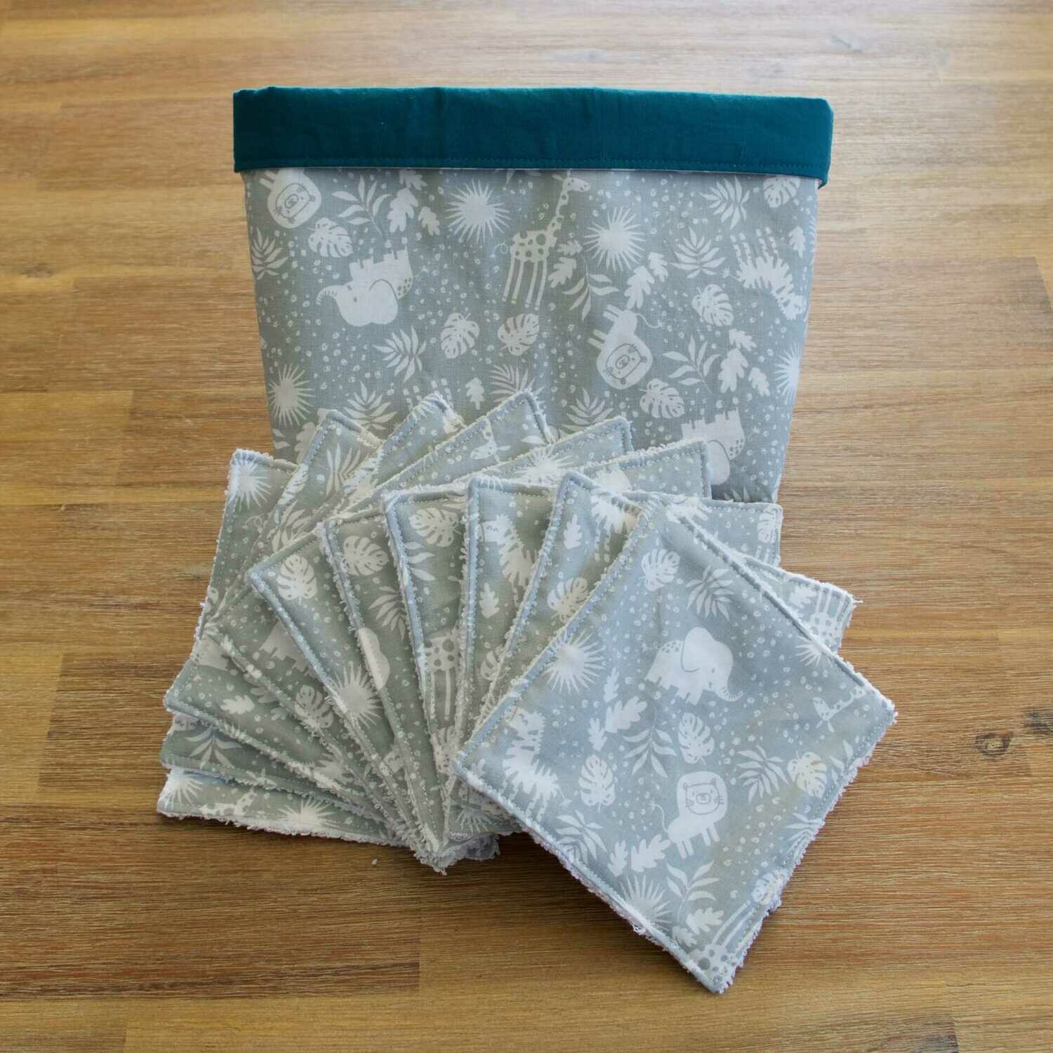 Panière + Lingettes bébé Jungle gris/Turquoise 13x13 cm lot de 10