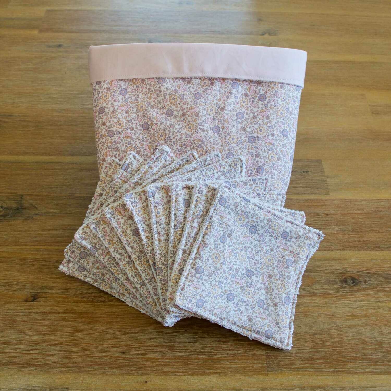 Panière + Lingettes bébé Fleurs grises/Rose 13x13 cm lot de 10