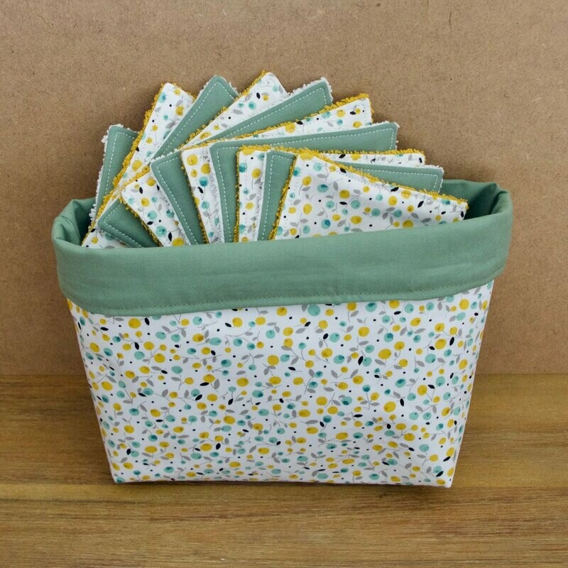 Panière + Lingettes démaquillantes Fruits/Vert 10x10cm lot de 10