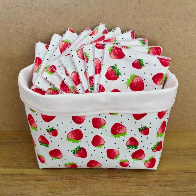 Panière + Lingettes démaquillantes Fraises/Rose 10x10cm lot de 10
