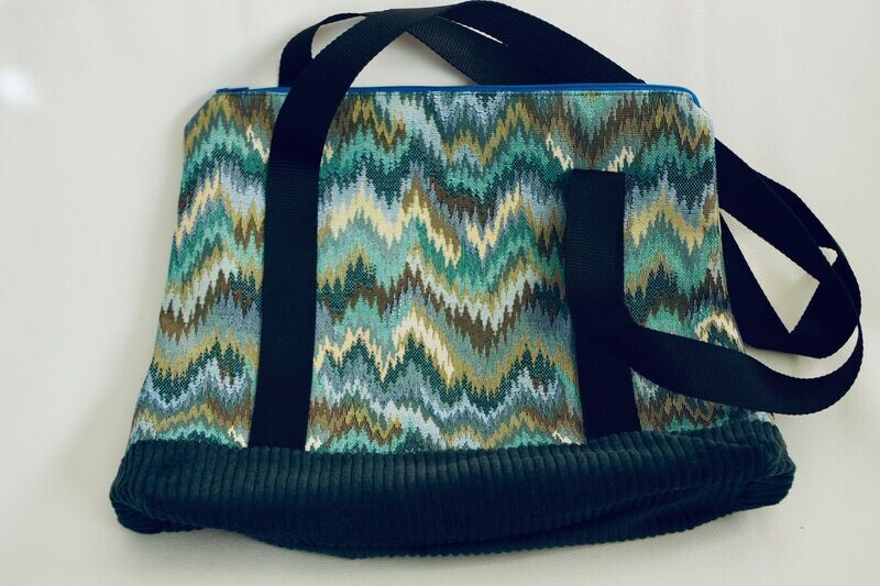 Sac à main cabas M (31x32cm) avec poche intérieure Tapisserie turquoise / Gris foncé bleuté / Fruits et feuilles / zip bleu