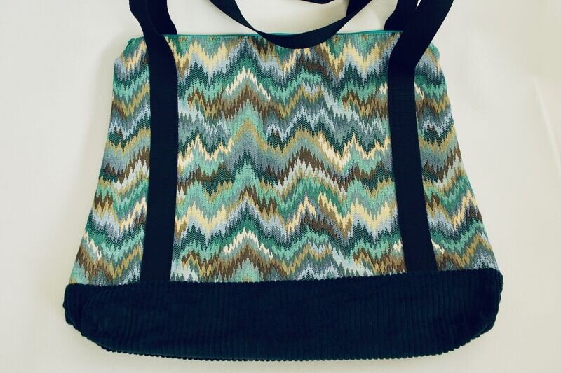 Sac à main cabas L (38x49cm) avec poche intérieure Tapisserie multicolore turquoise / Gris foncé bleuté / Fruits et feuilles / zip turquoise