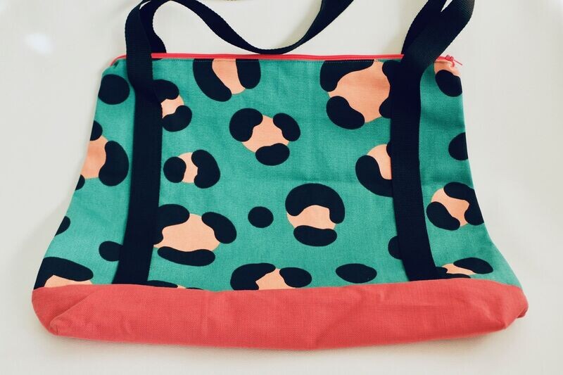 Sac à main cabas L (38x49cm) avec poche intérieure Tapisserie vert / Vieux rose / Rose clair à pois fushia / zip rose