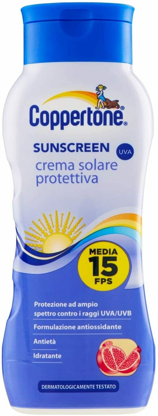 6 Flaconi di Coppertone, Sunscreen Crema Solare Protettiva Fps 15, con Filtri UVA, Formula Antietà, con Melograno e Vitamina E, Resistente all'Acqua, 200 ml